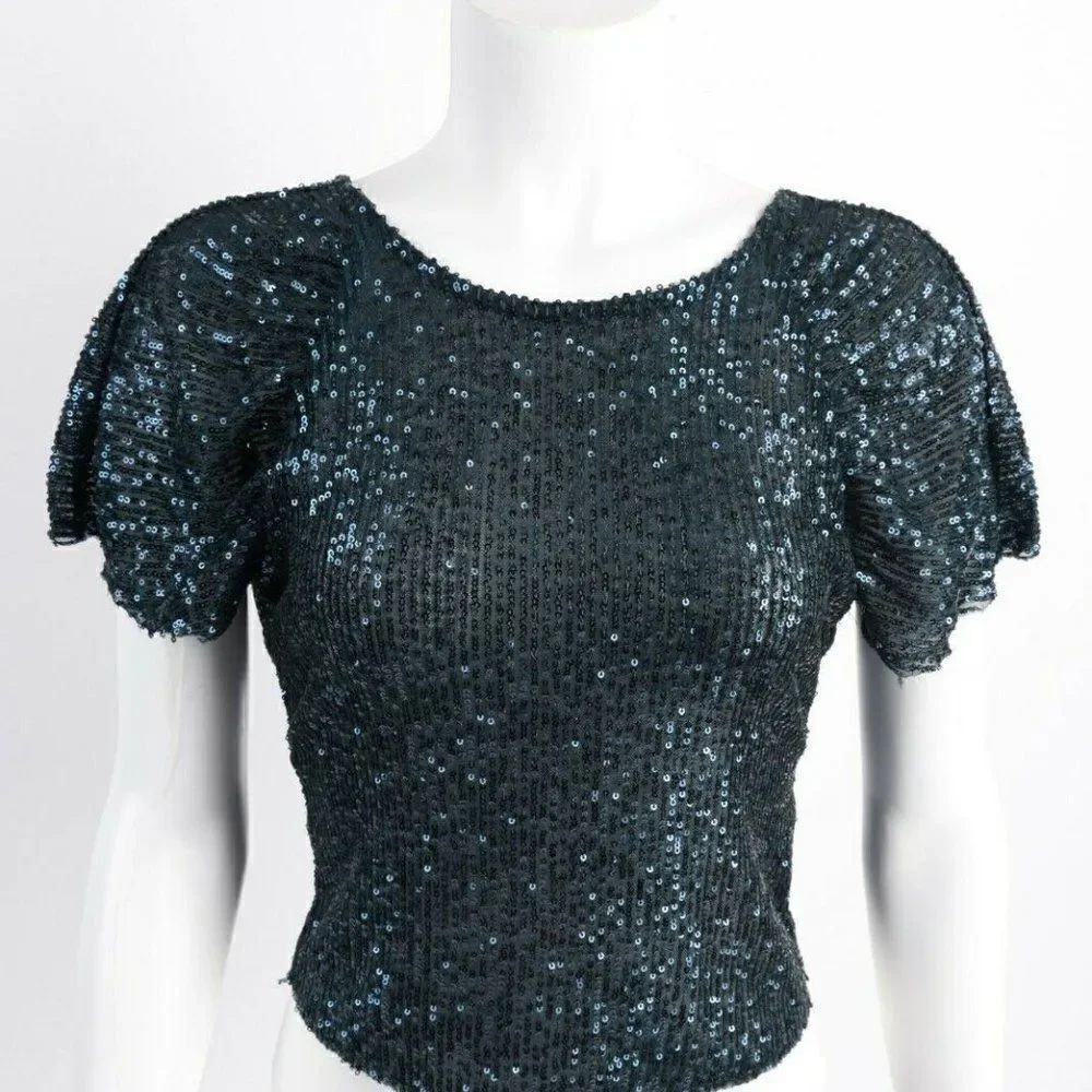 Zara Cropped Top S Blue Sequinned Sequin Shirt